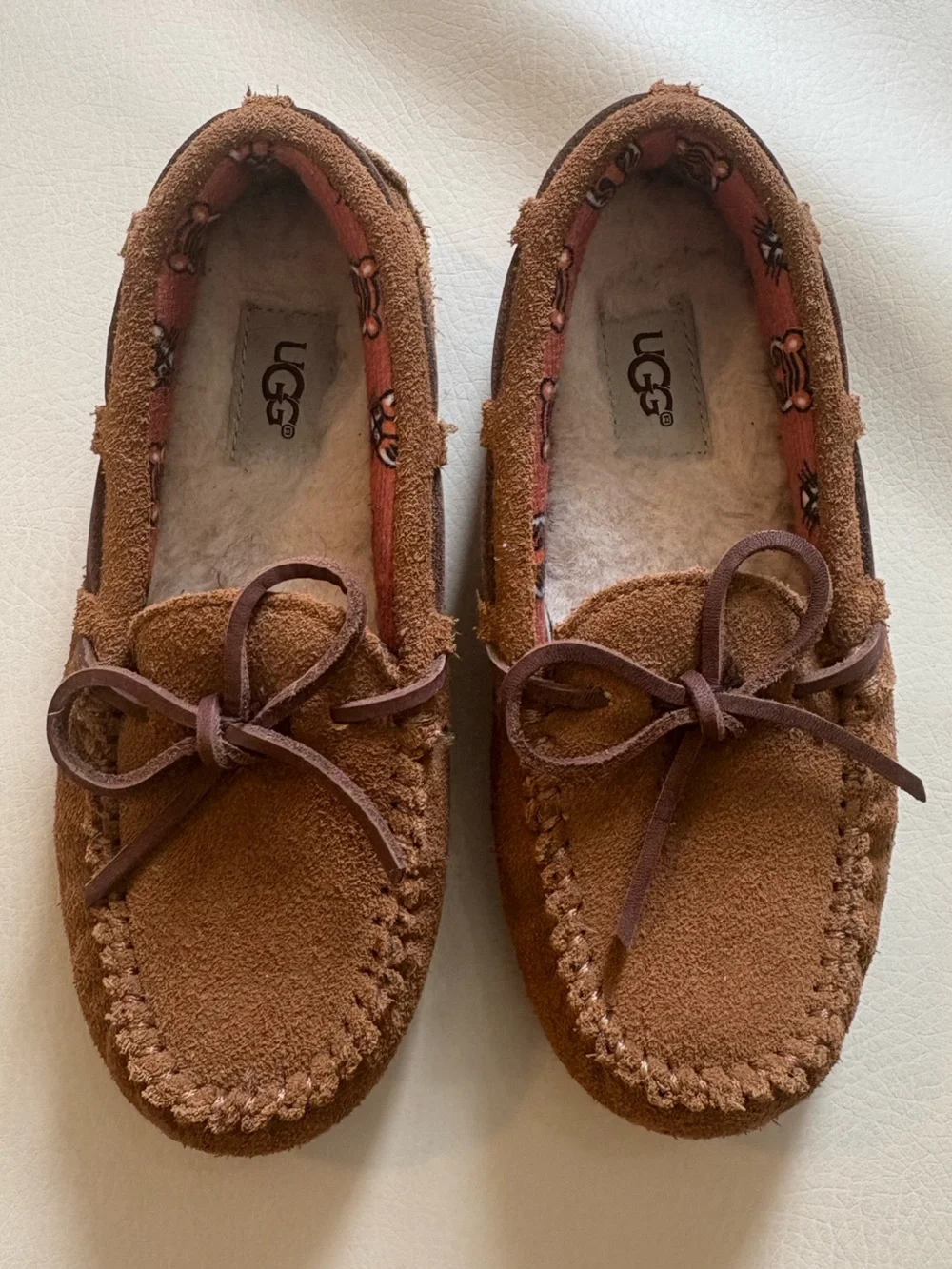 UGG Kids Chestnut Suede Moccasin Slippers with Bow
